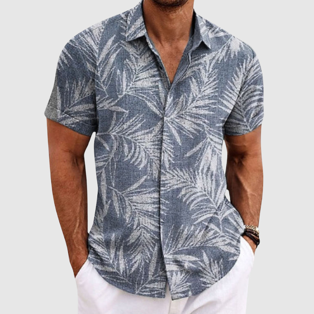 Men's Alessandro Veneti palm print linen-blend button-down shirt with subtle woven palm-leaf texture