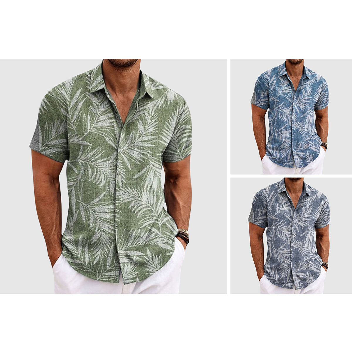Men's resort button-down shirt with subtle palm-leaf woven texture in lightweight linen-poly blend