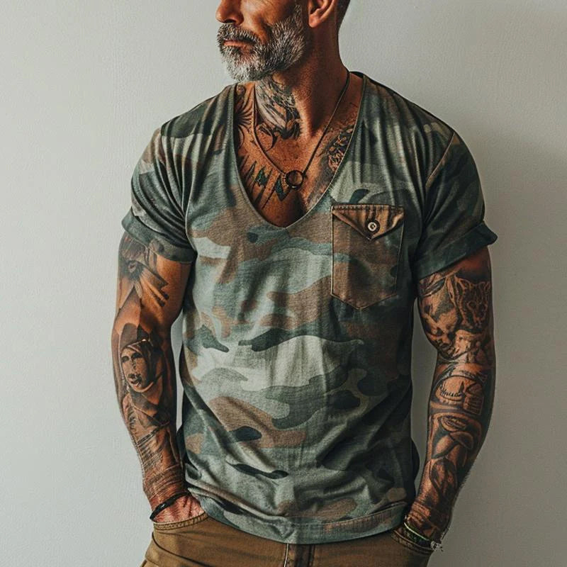 Vintage camo print V-neck t-shirt with retro ranger weathered pattern for outdoor adventurers