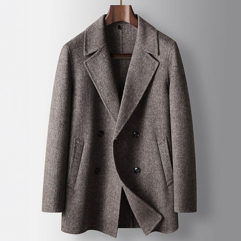 Men's dark wool double-breasted overcoat with broad lapels, tailored fit, classic premium style