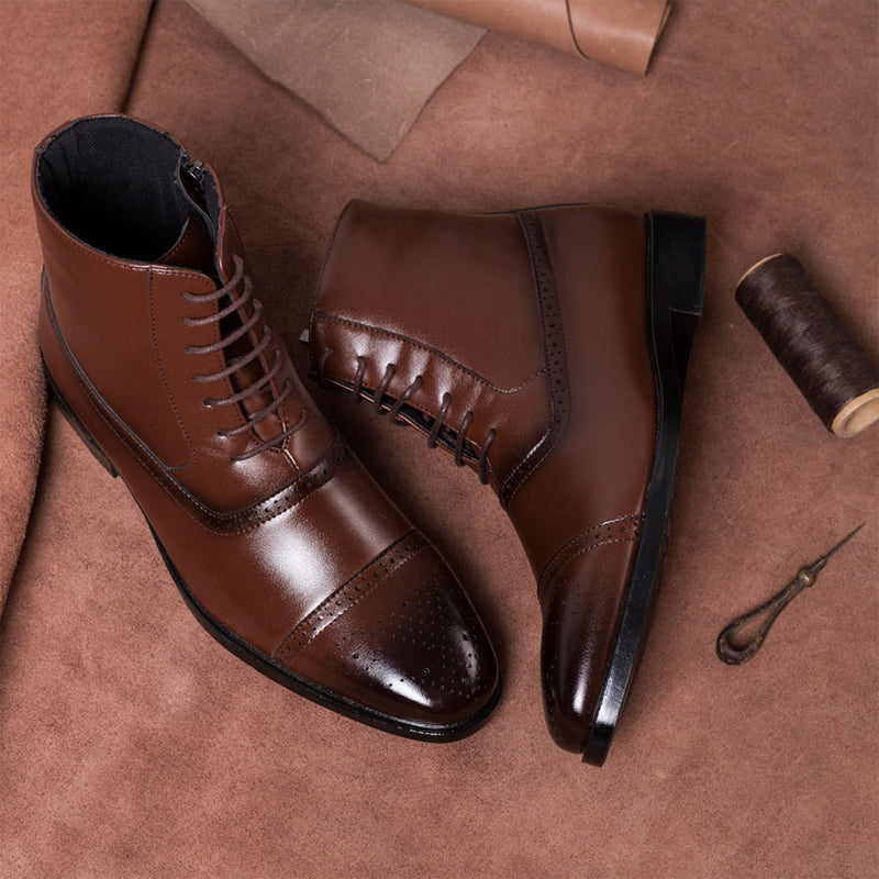 Men's polished cap-toe leather boots black brogue lace-up side zip dress boots by Alessandro Veneti