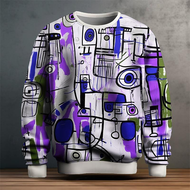 Multicolor abstract art print sweatshirt, relaxed fit with bold painterly modern art design for men