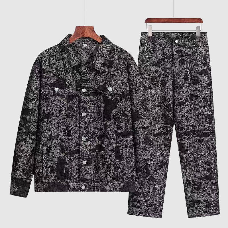 Alessandro Veneti denim jacket and straight-leg jeans set with vintage swirling print wearable art design