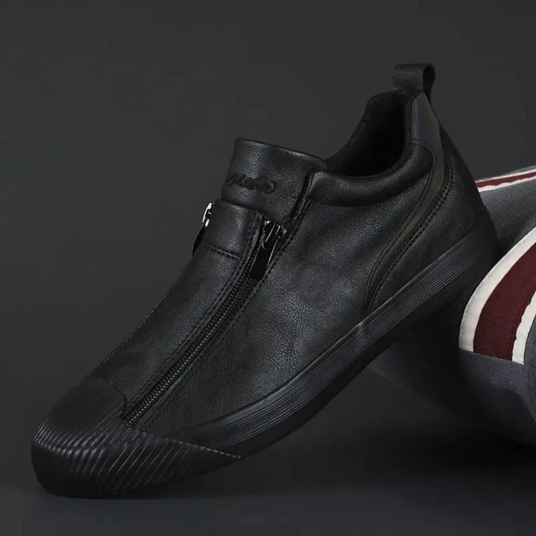 Men's slate gray premium leather sneakers rugged texture side-zip urban luxury low-top style