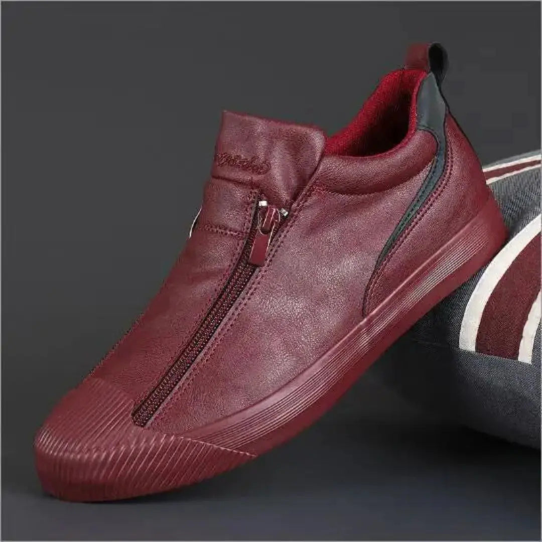 Men's slate gray premium leather sneakers rugged texture side-zip urban luxury casual footwear