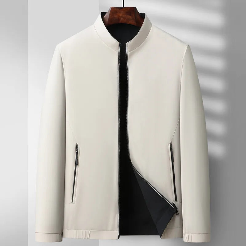 Men's black matte poly-blend bomber jacket, structured no-collar minimalist urban silhouette