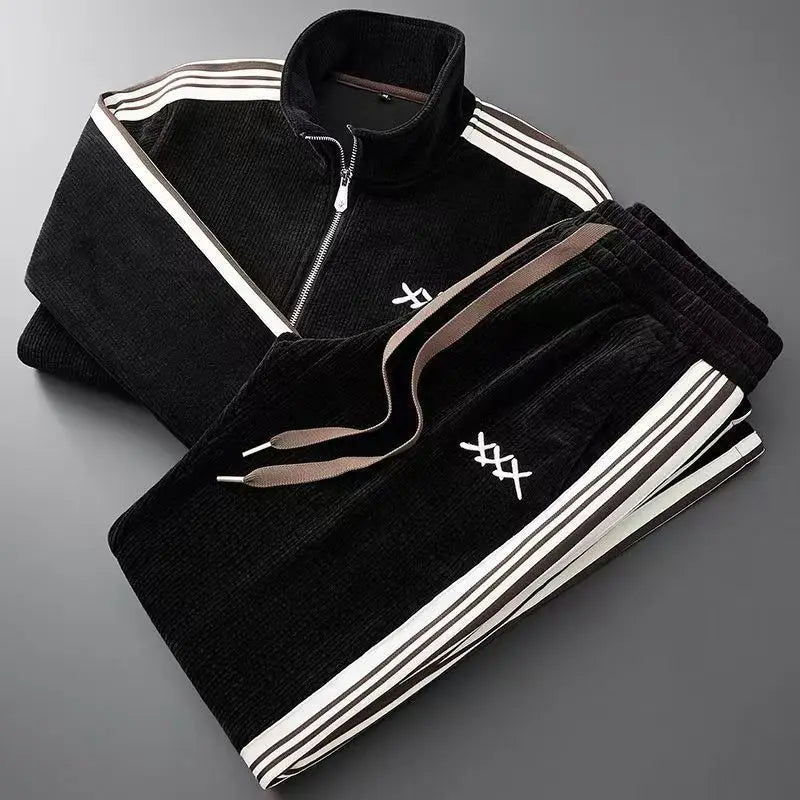 Alessandro Veneti navy corduroy tracksuit set with bold X embroidery, athletic zip-up street style
