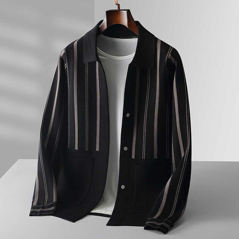 Alessandro Veneti men's black-and-white striped cardigan, premium poly-blend layering piece with timeless cut
