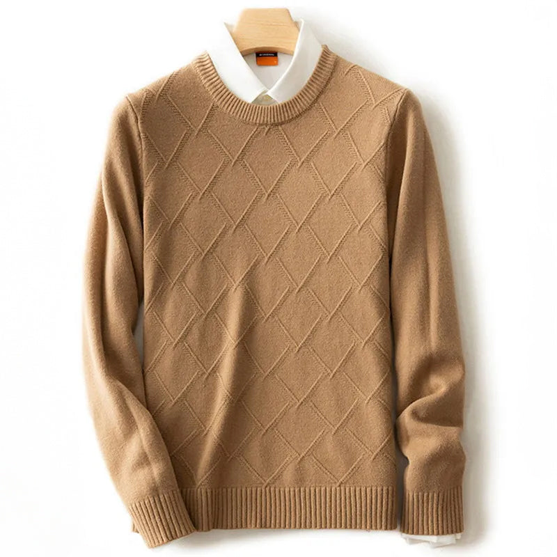 Men's navy diamond-pattern knitted pullover crew neck premium wool-blend sweater by Alessandro Veneti