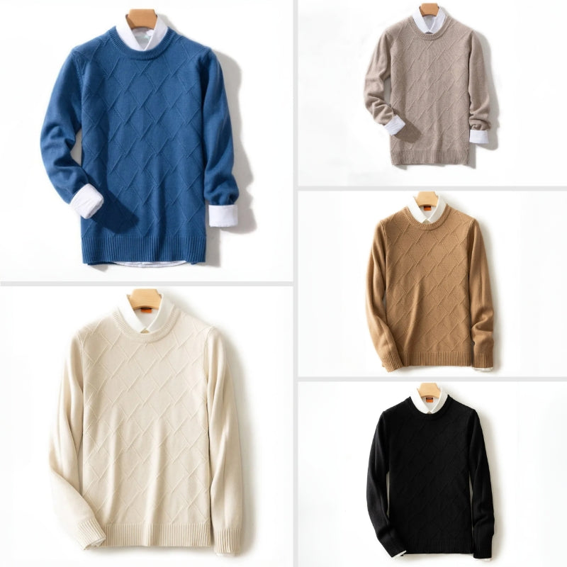 Men's navy blue diamond pattern crew neck knitted pullover premium wool blend sweater
