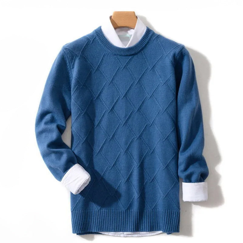 Men's navy blue wool-blend crew neck pullover with classic diamond knit pattern by Alessandro Veneti