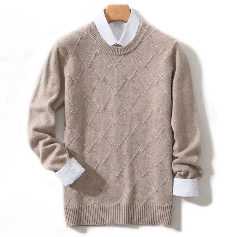 Men's navy blue crew neck knitted pullover with diamond pattern, premium wool-blend fabric