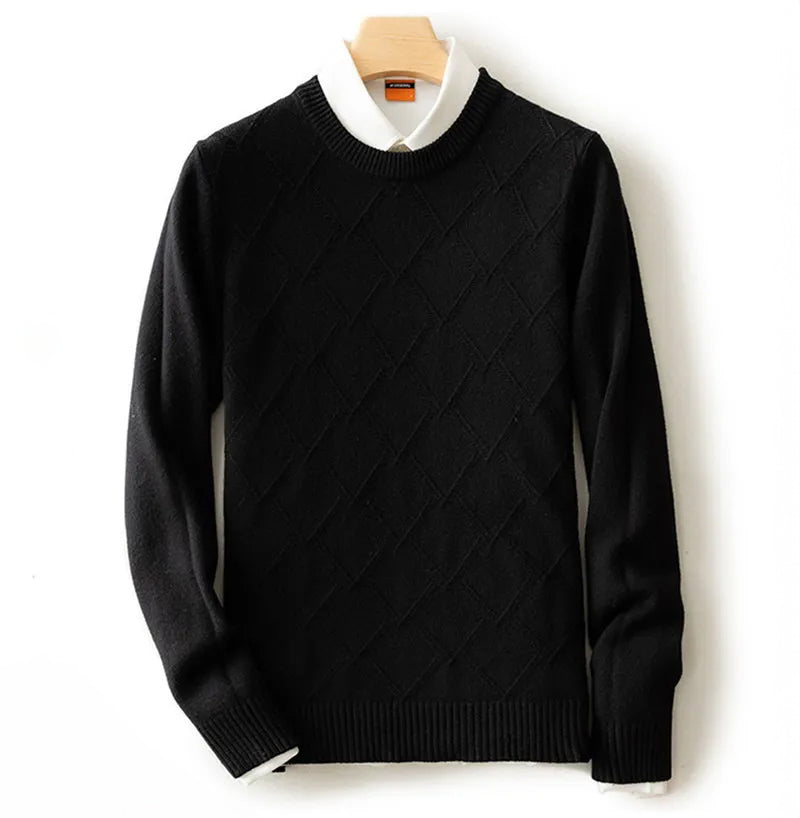 Men's cream wool-blend crew neck pullover with textured diamond knit pattern by Alessandro Veneti