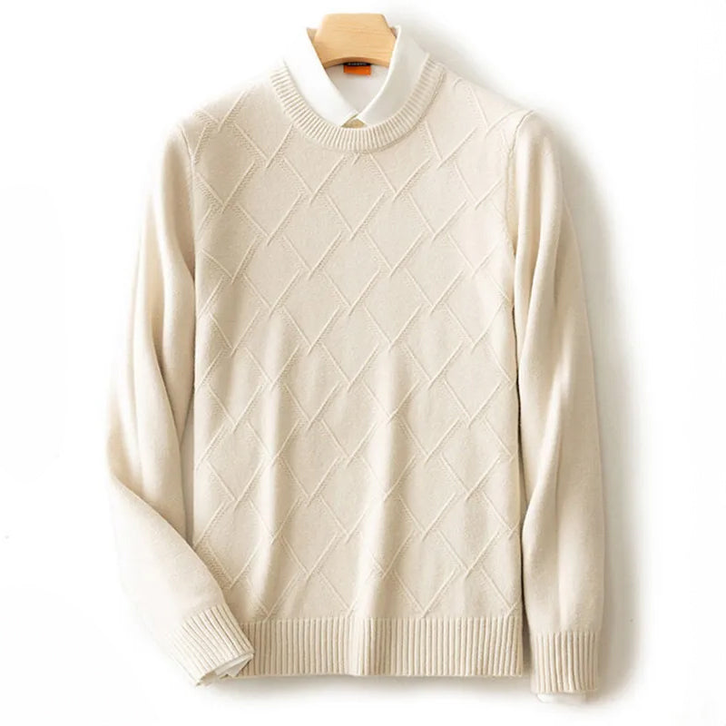 Men's cream wool-blend crew neck pullover with classic diamond knit pattern by Alessandro Veneti
