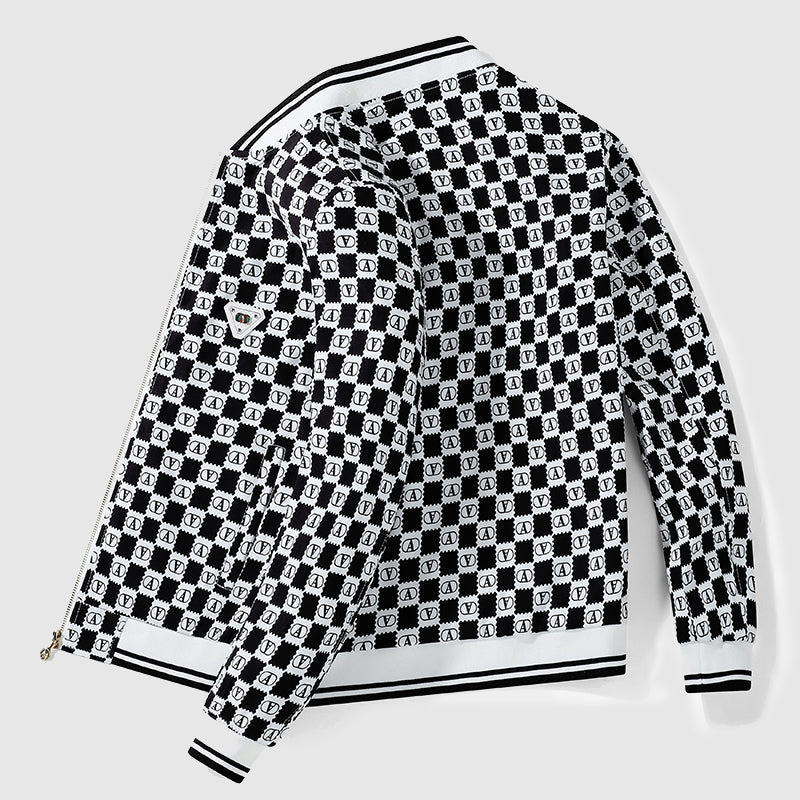 Alessandro Veneti retro checkerboard bomber jacket with all-over "A" print, zip-up, bold streetwear style