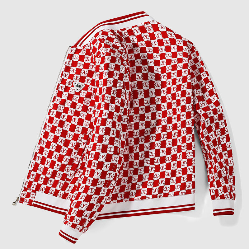 Alessandro Veneti retro checkerboard bomber jacket with all-over "A" print, zip-up, bold streetwear style