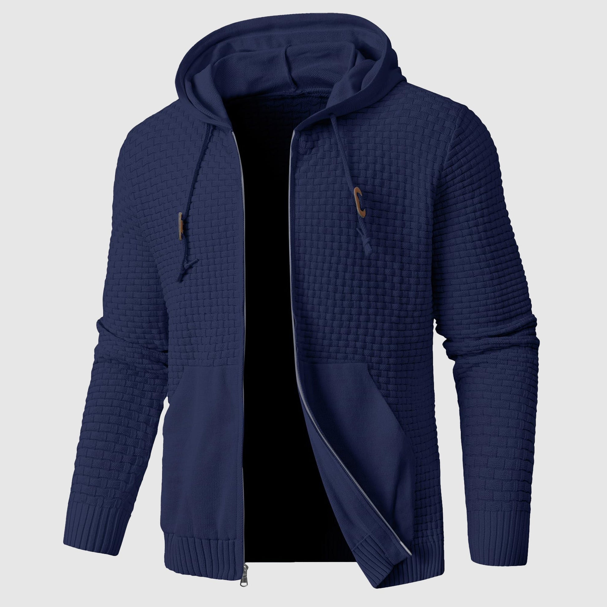 Men's waffle knit hoodie regular fit full zipper pockets ribbed edges everyday comfort