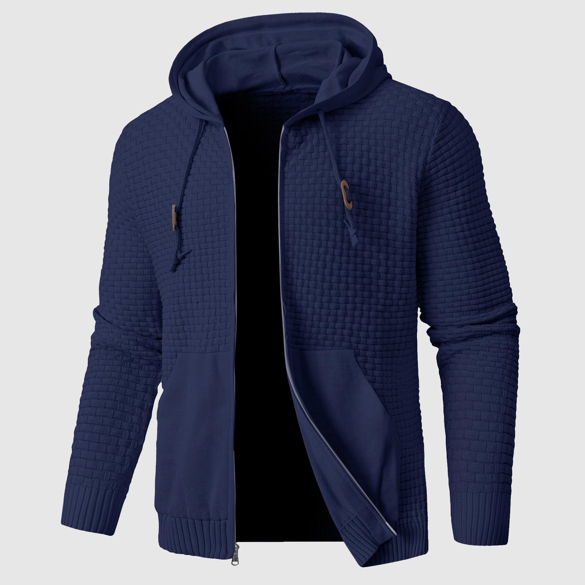 Men's waffle knit hoodie regular fit full zipper pockets ribbed edges everyday comfort