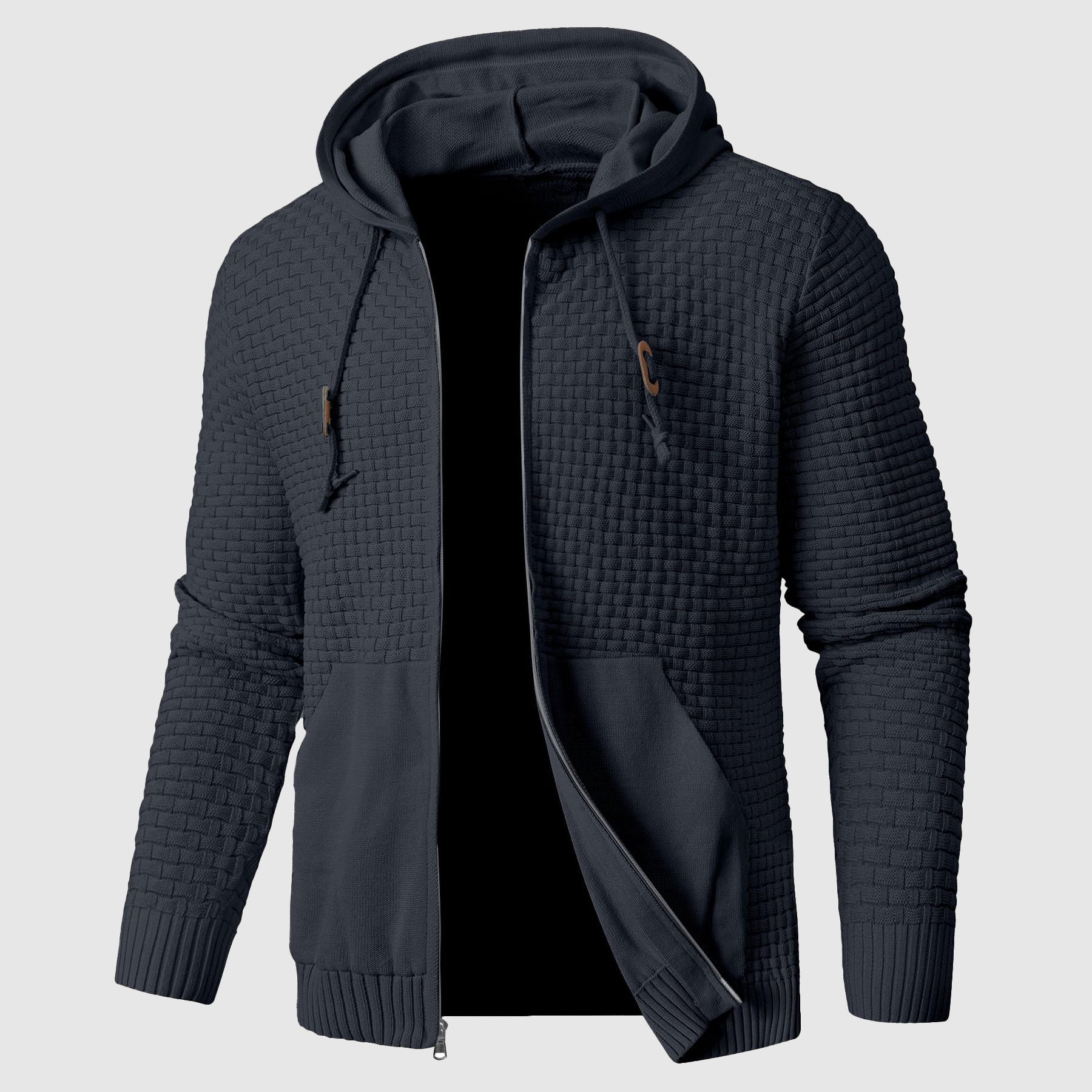 Men's gray waffle knit hoodie regular fit with full zipper and ribbed edges for everyday comfort