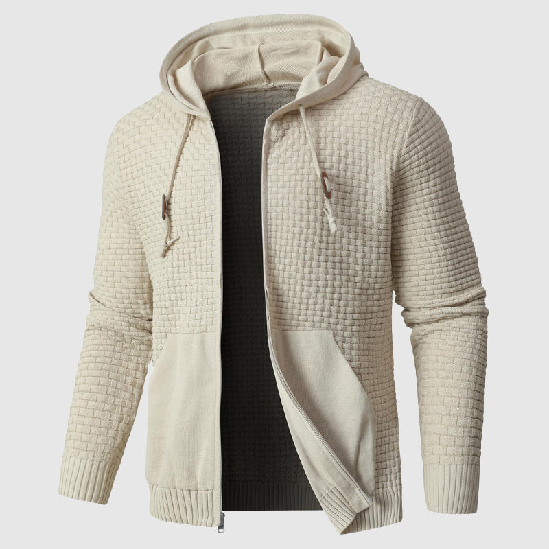 Men's waffle knit hoodie regular fit full zip pockets ribbed edges everyday casual comfort