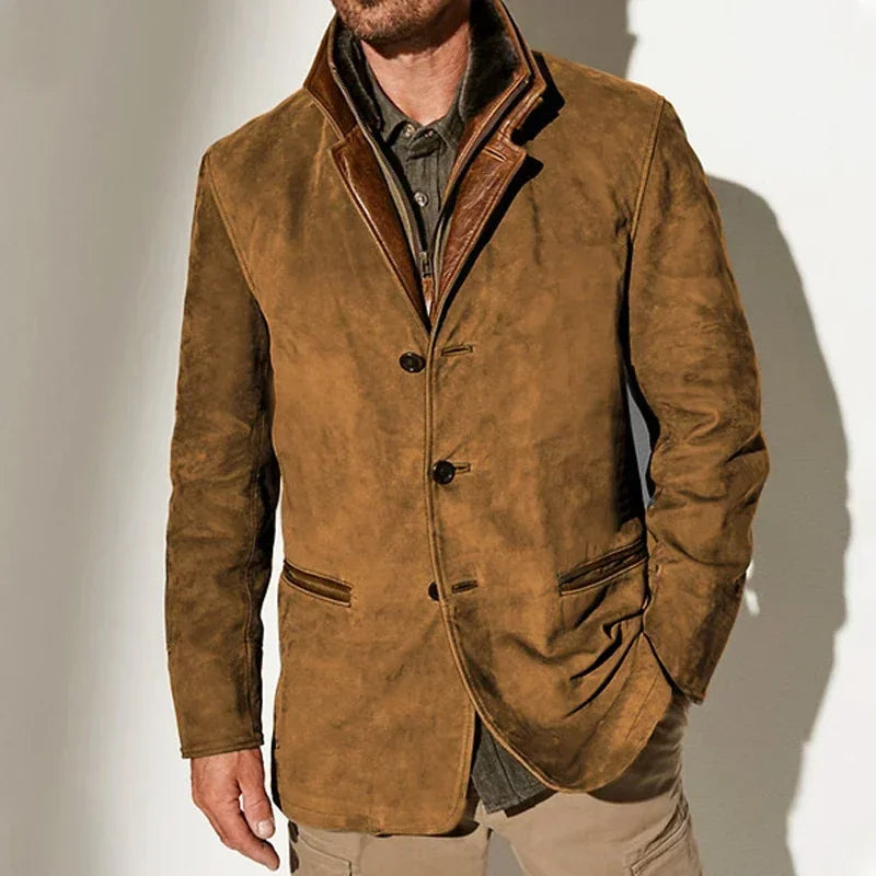 Men's vintage brown vegan suede tailored coat with rich texture and refined silhouette
