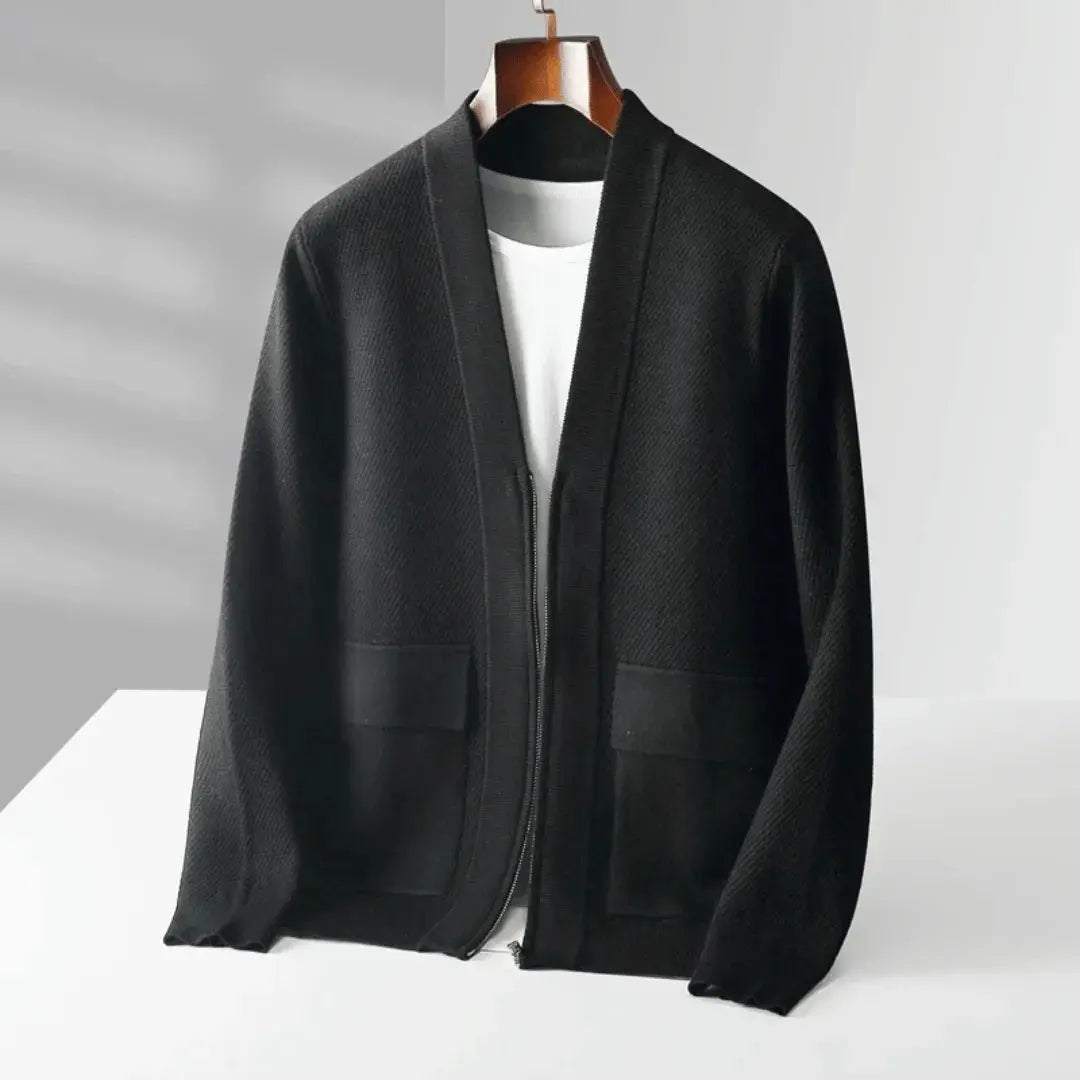 Men's virgin wool cardigan quarter-zip navy blue fine-knit luxurious texture premium knitwear