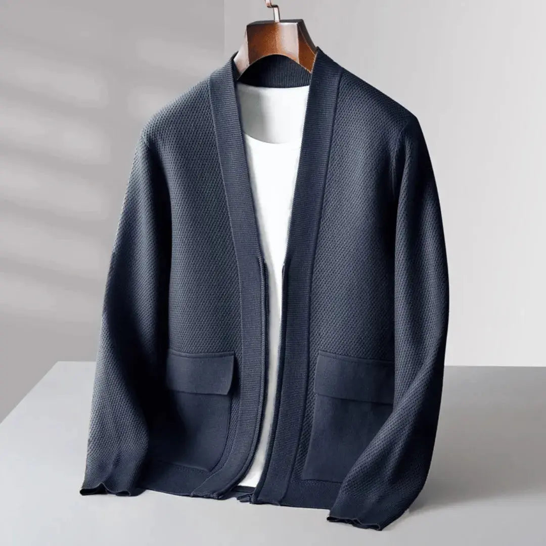 Men's virgin wool cardigan quarter-zip navy blue fine knit luxurious texture premium knitwear