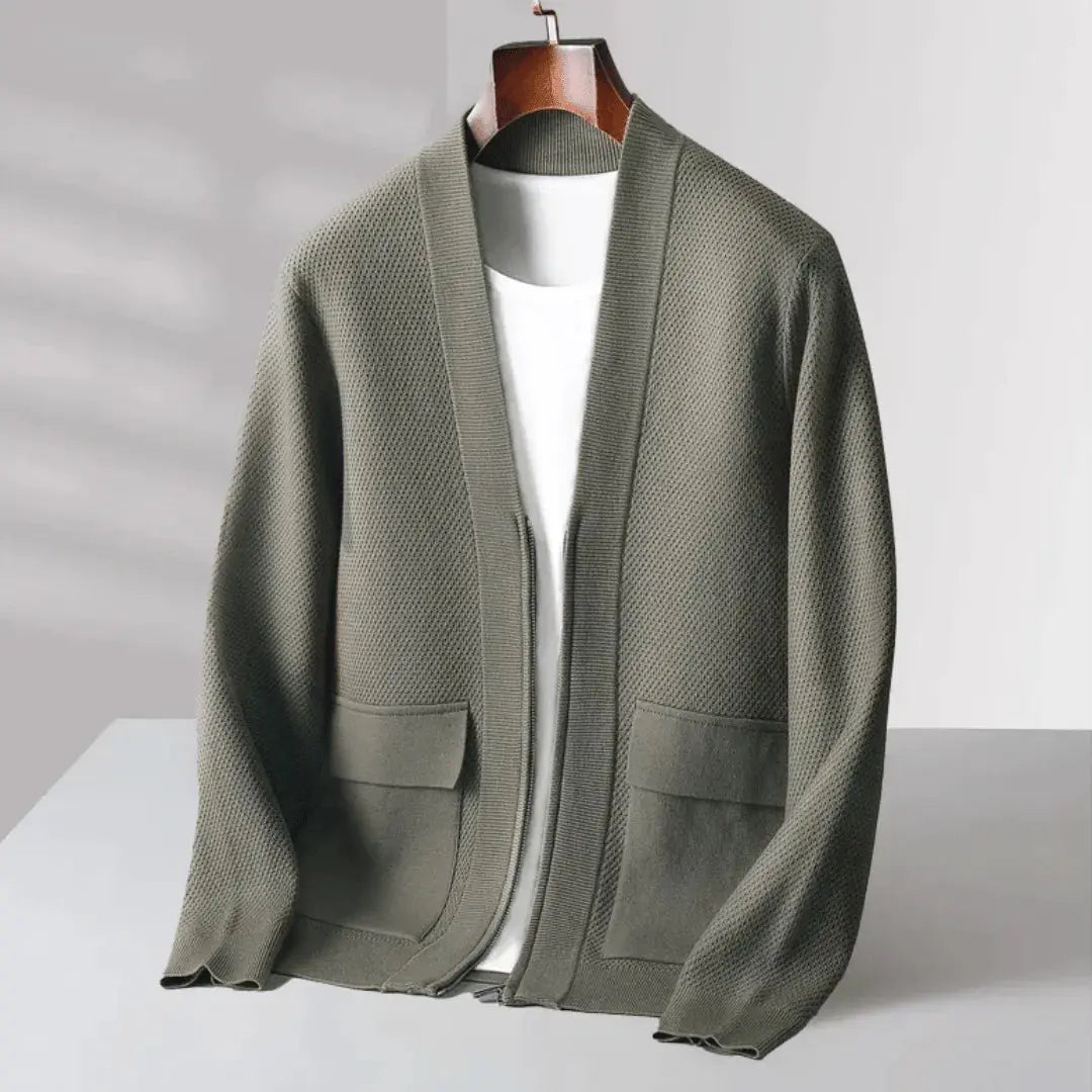 Men's virgin wool cardigan quarter-zip closure natural texture premium knit luxury comfort refined style