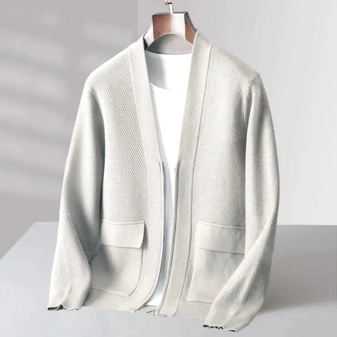Men's virgin wool quarter-zip cardigan in neutral tone, hand-knitted with luxurious soft texture