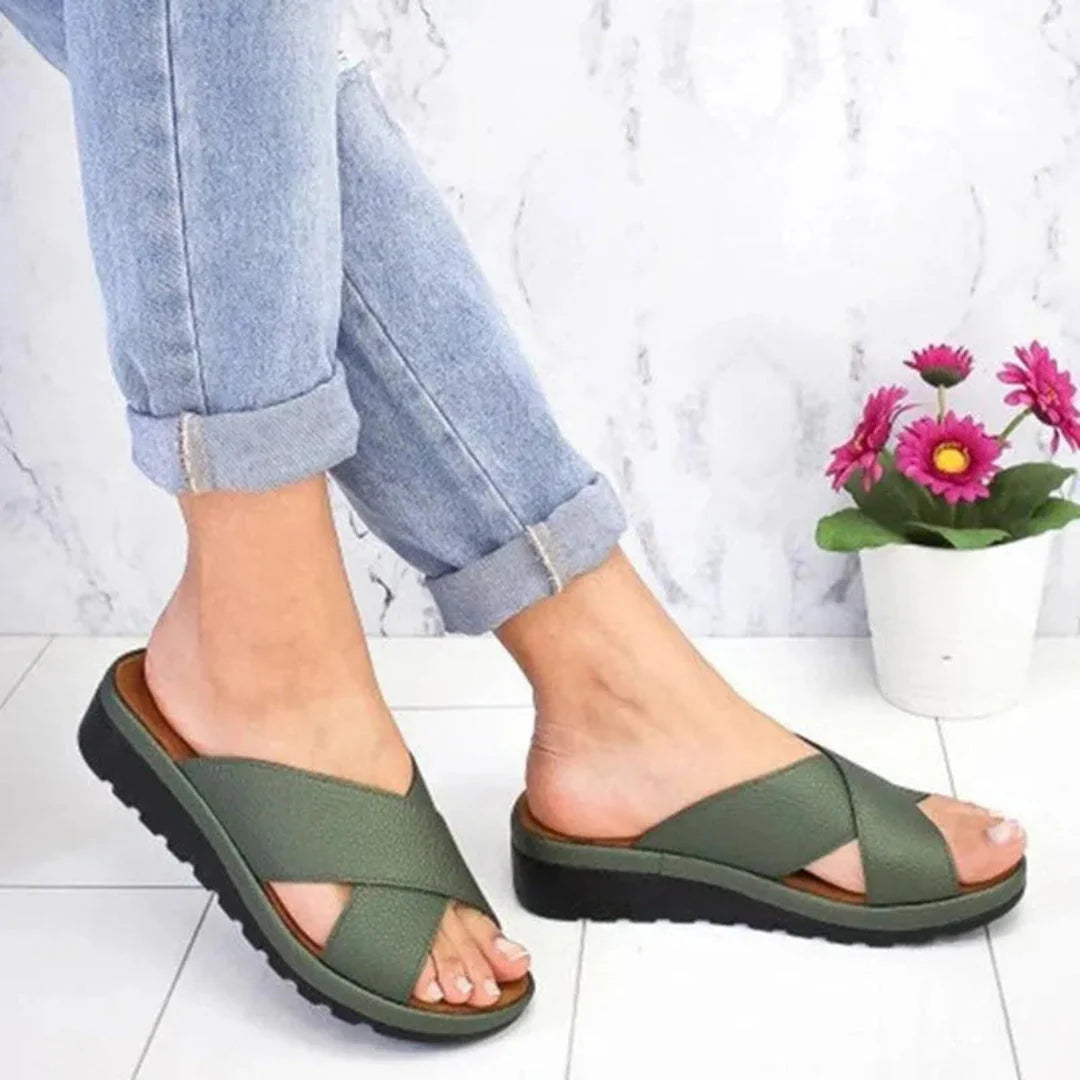 Women's beige crisscross slip-on platform sandals with textured faux leather straps