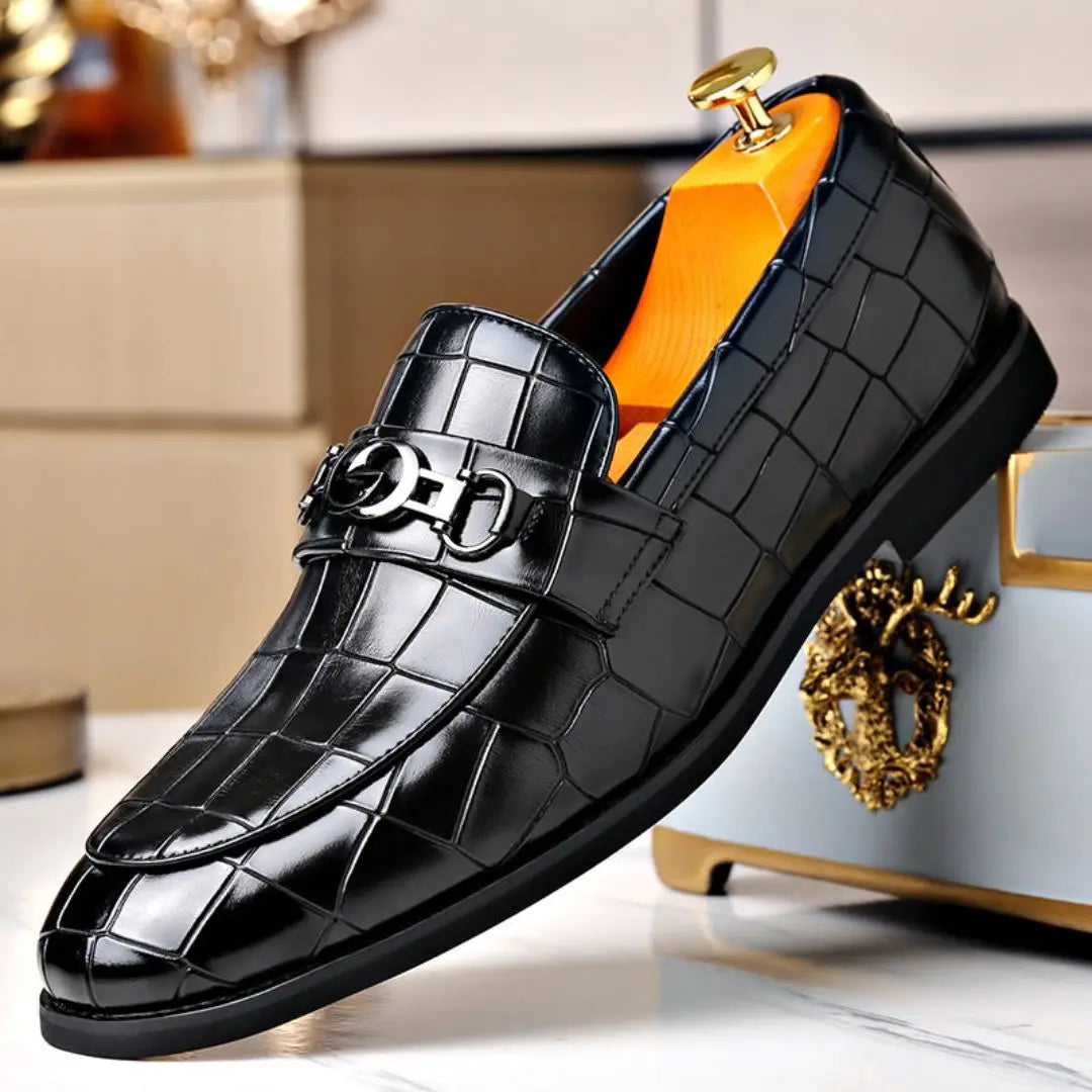 Brown textured leather loafers polished finish sleek metal buckle slip-on professional comfort