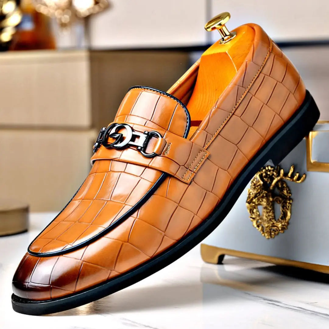 Men's brown textured leather loafers polished finish with sleek metal buckle professional style