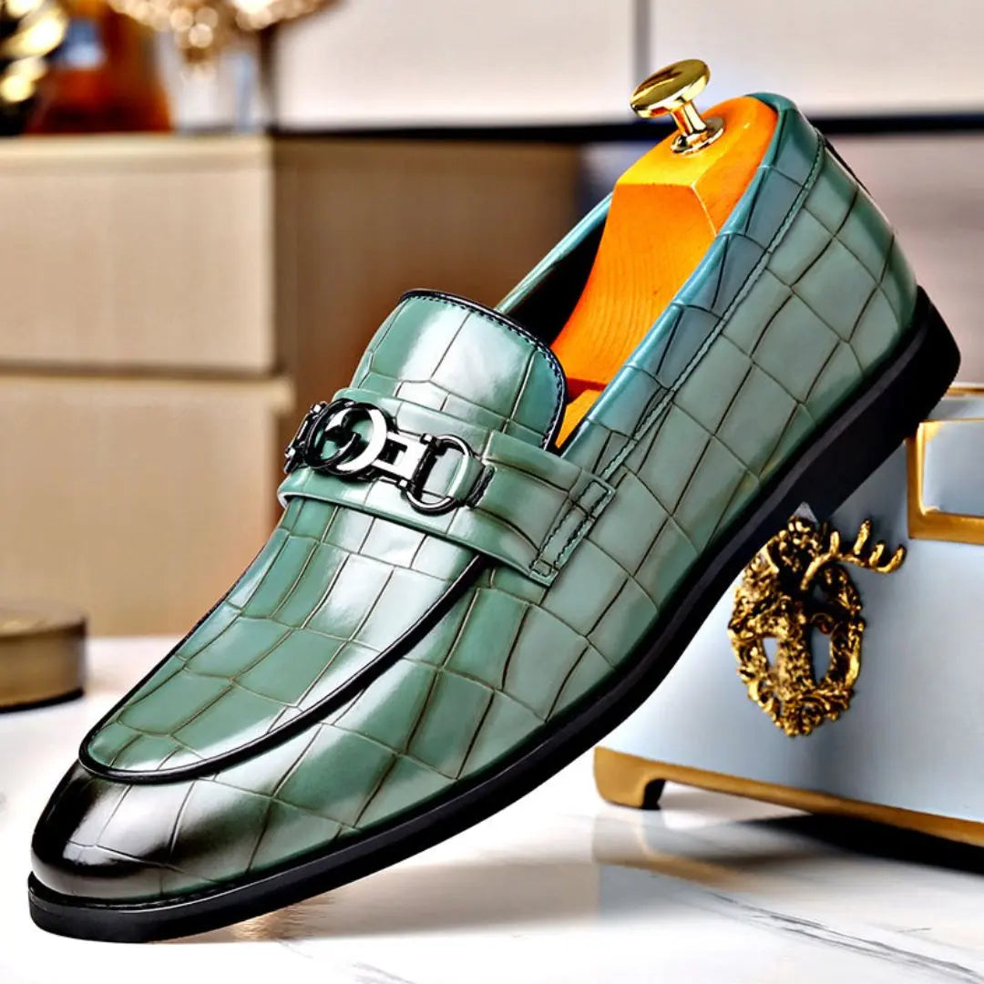 Men's brown textured leather loafers polished finish with sleek metal buckle professional style