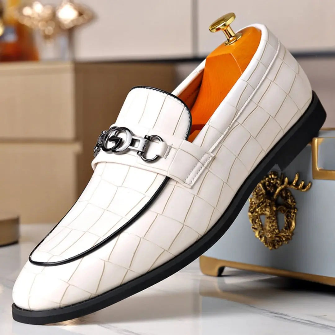 Men's textured leather loafers polished finish with sleek metal buckle detail professional style