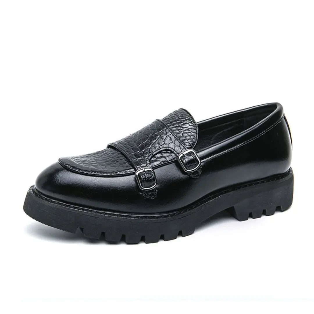 Men's brown genuine leather loafers classic double buckle detail cushioned insole durable rubber outsole