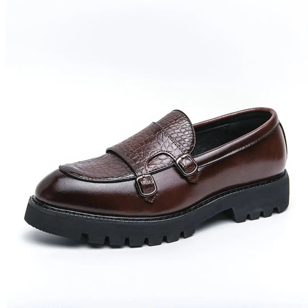 Men's brown genuine leather loafers classic double buckle detail cushioned insole formal slip-on