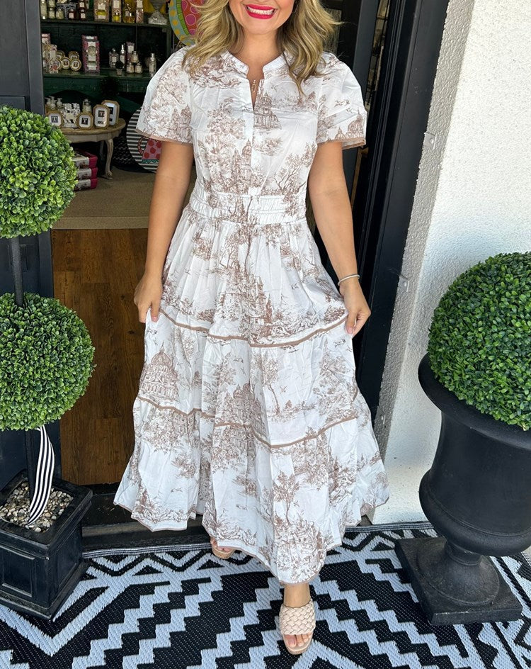 Women's toile print maxi dress with puff sleeves, fitted waist, vintage-inspired scenic motif