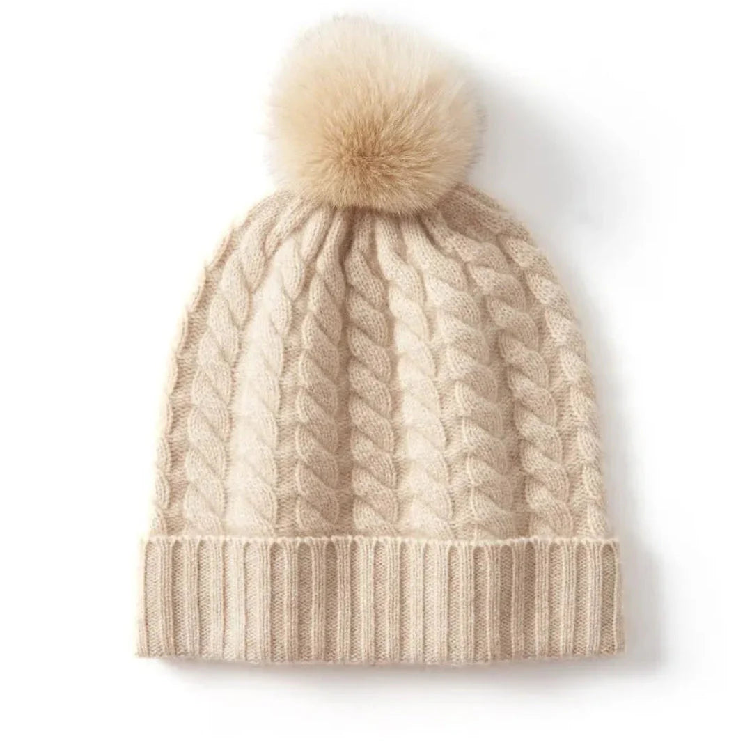 Women's ivory cashmere cable knit beanie with plush fur pom, ultra-soft luxury winter hat