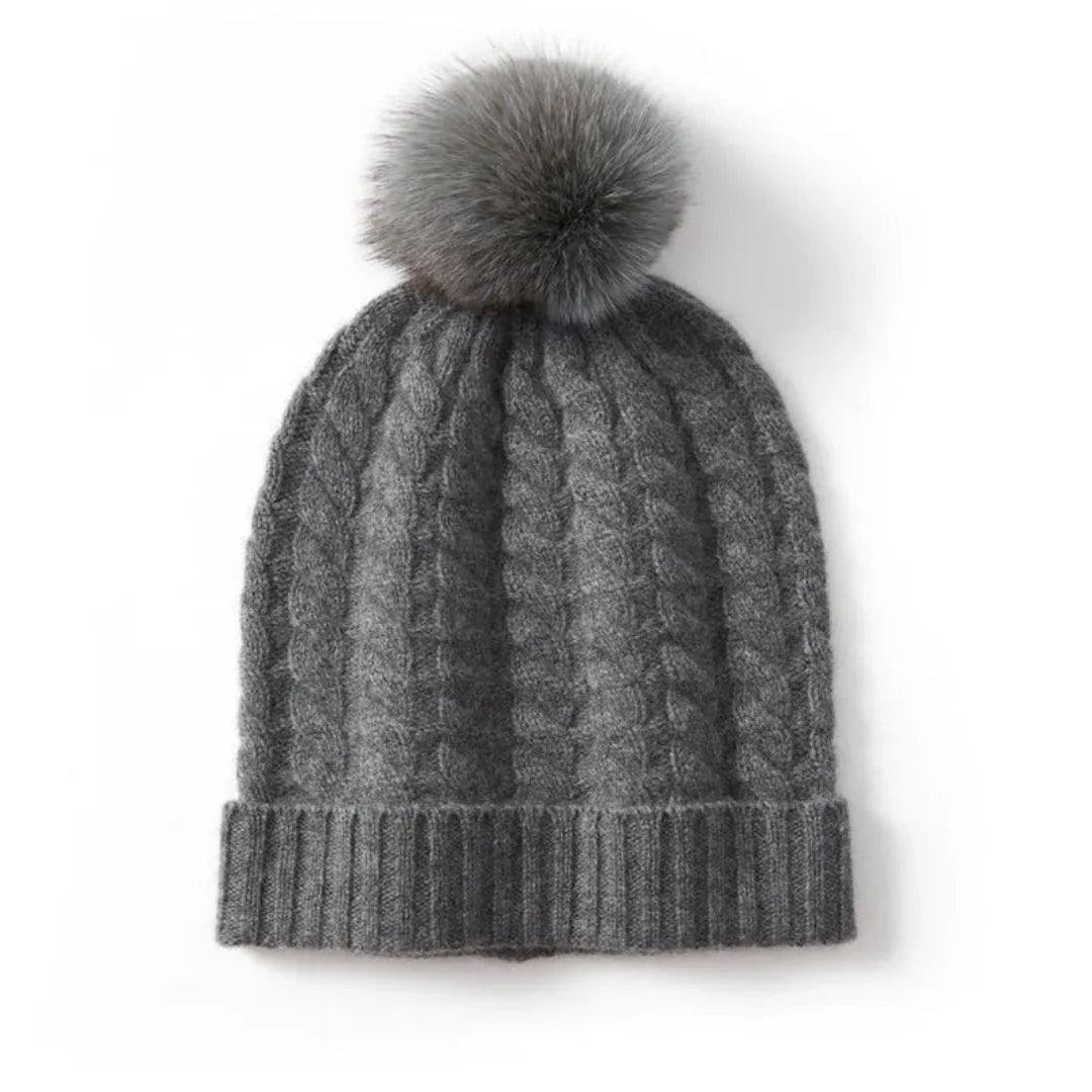Women's ivory cashmere cable knit beanie with plush fur pom, ultra-soft luxury winter hat
