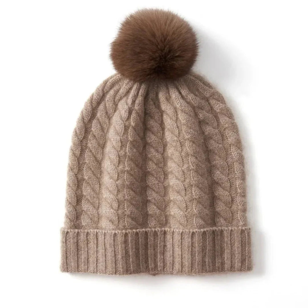 Ivory cashmere cable knit beanie with plush fur pom, ultra-soft luxury cold-weather hat for women