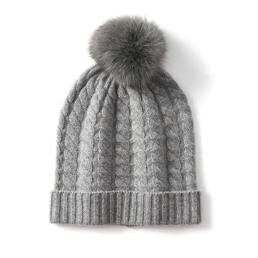Women's ivory cashmere cable knit beanie with plush fur pom, ultra-soft luxury winter hat