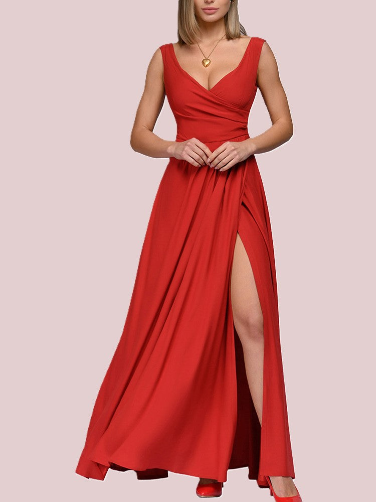 Women's elegant maxi dress deep V-neck with side slit, chic versatile event-ready silhouette