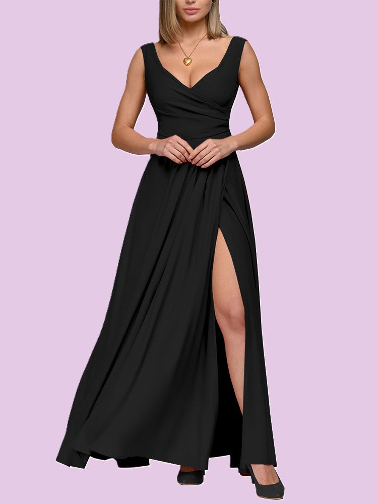Women's elegant maxi dress deep V-neck chic silhouette with refined side slit versatile event-ready style