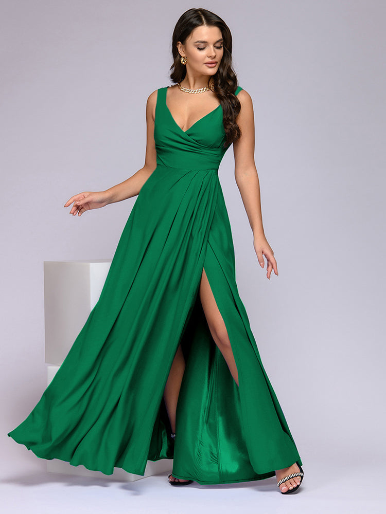 Women's elegant maxi dress deep V-neck chic silhouette with refined side slit, versatile event-ready style