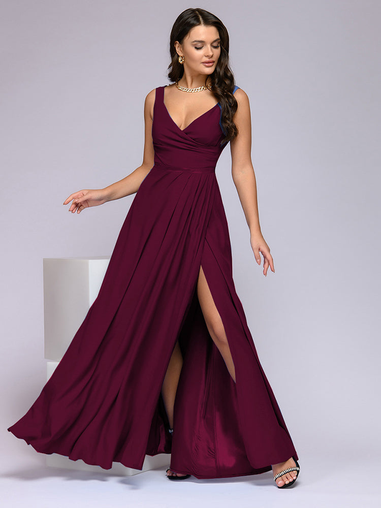 Women's elegant maxi dress deep V-neck chic slit romantic evening gown versatile event-ready