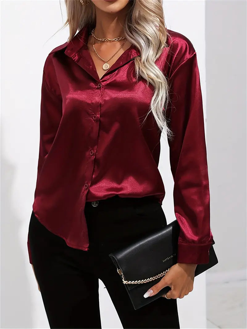 Champagne beige satin blouse women elegant lustrous drape versatile office-to-evening silhouette