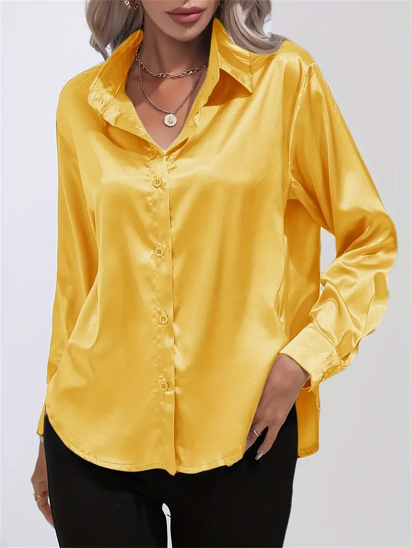 Women's champagne beige satin blouse with lustrous finish and elegant draping for day-to-night wear