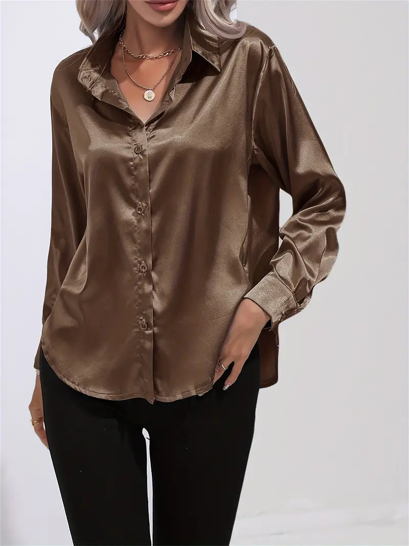 Women's champagne beige satin blouse with lustrous finish and elegant draping silhouette