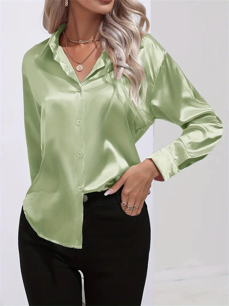 Women's champagne beige satin blouse with lustrous finish and elegant drape for day-to-night wear