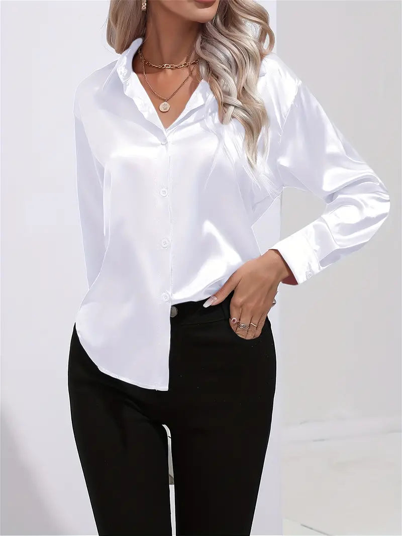 Women's champagne beige satin blouse with lustrous finish and elegant draping silhouette